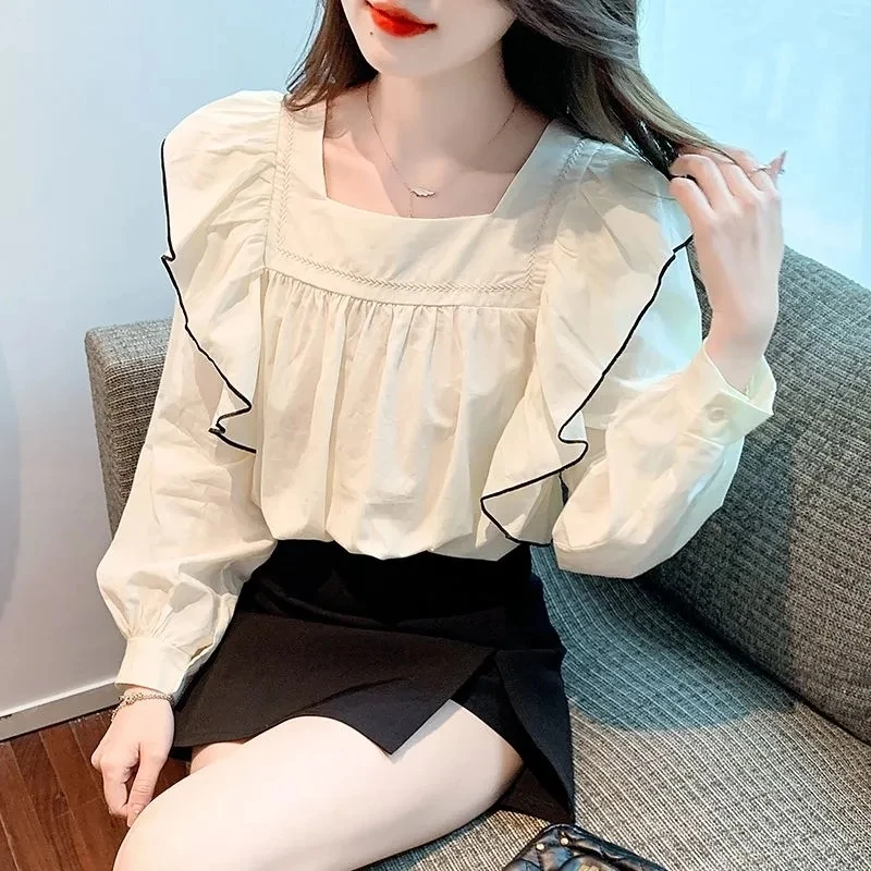 

Long Sleeve Shirts Women Ruffles Autumn Sweet All-match Square Collar Loose Solid Pleated Streetwear Skin-friendly Comfortable