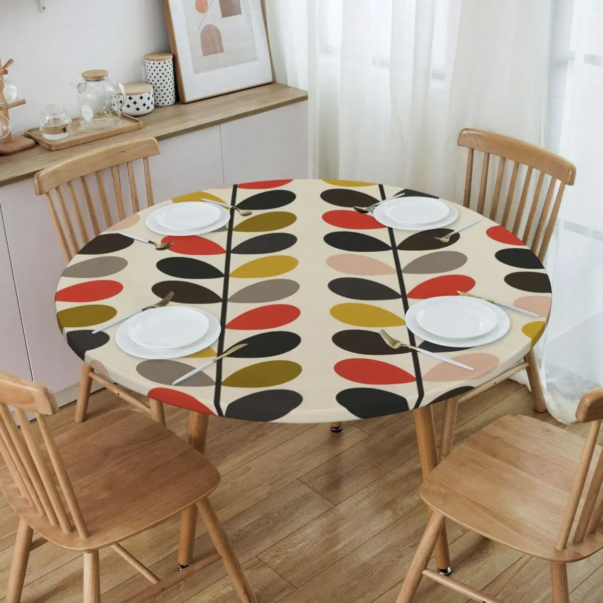 

Round Waterproof Oil-Proof Orla Kiely Multi Stem Tablecloth Backing Elastic Edge Table Cover Flowers Floral Abstract Table Cloth