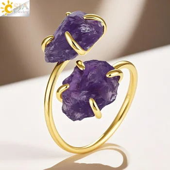 CSJA Irregular Crystal Open Ring Healing Natural Amethysts Citrine Double Gems Stone Claw Finger Rings Jewelry Accessories H584 1
