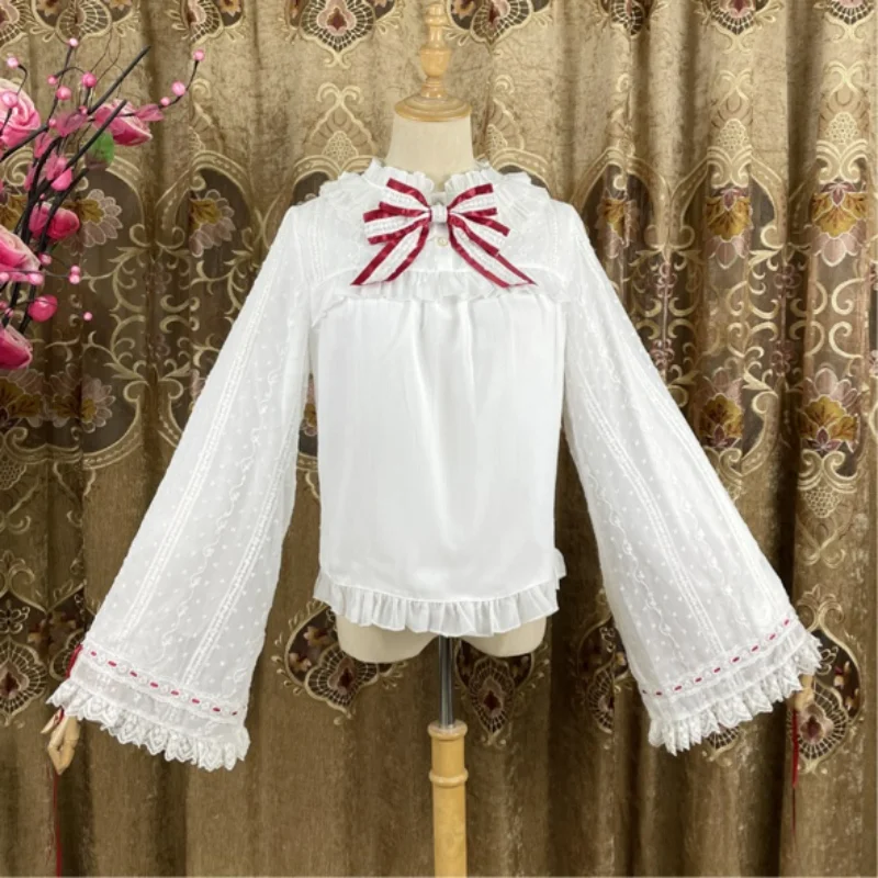 

Женская шифоновая блузка с оборками, элегантная винтажная блузка в японском викторианском стиле Лолиты, топ с кружевными расклешенными рукавами и завязками в готическом стиле