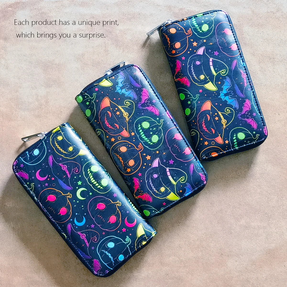 Halloween Pumpkin Print Long Wallet Zipper Around Credit Card Holder Women's Clutch Purse & Card Organizer