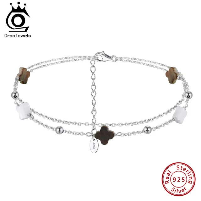 ORSA JEWELS Genuine 925 Sterling Silver Minimalist Five Clovers Charm Anklets Shell Layered Foot Chain Wedding Jewelry GMA02
