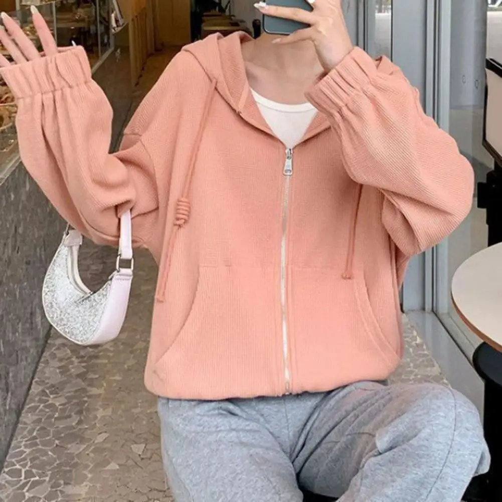 

Women Spring Autumn Hooded Sweatshirts Coats Long Sleeve Casual Cardigan Waffle Texture Thin Sport Coats chaquetas para mujeres