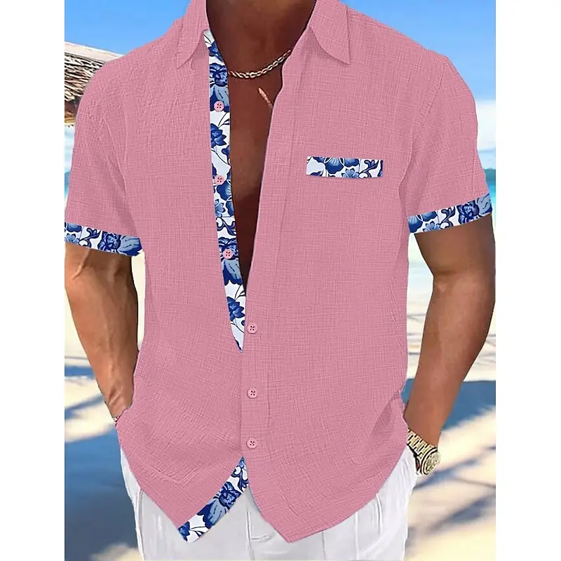 Short-sleeved shirt linen Cool and breathable Comfortable and healthy material Gradient blue Hawaiian beach men's cardigan