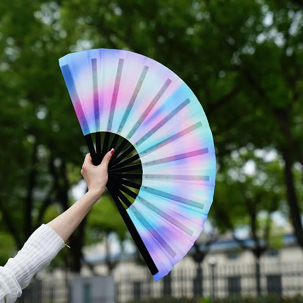 33cm Large Folding Hand Rave Fan Chinease/Japanese Gradient Colorful Reflective Foldable Fan Music Festival Dance Gifts folding fan hand fan