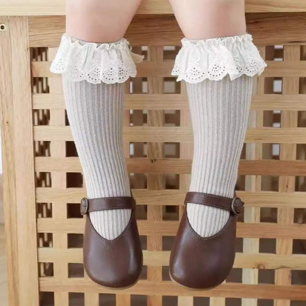 5Pairs Ruffled Edge Baby Calf Socks Baby Lace Trim Long Tube Infant Cotton Stockings Cotton Toddle Cartoon Above Knee Socks