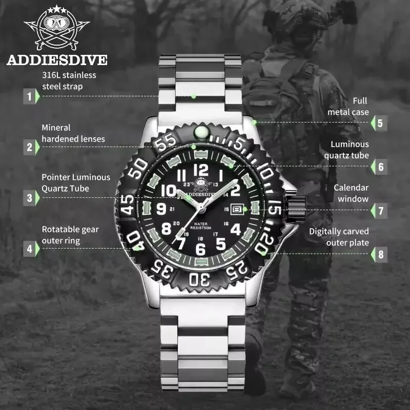 ADDIESDIVE Men's Tubular Luminous Quartz Watches Stainless Steel Black Dial Alloy Case Watches 50m Waterproof Dive Wristwatches