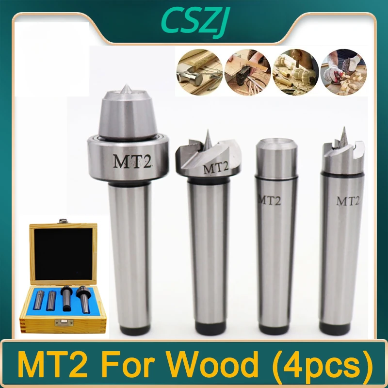 

4Pcs Set Mt2 Live Center Drive Spur Driver Dead C Enter with Wooden Case for Metalworking Wood Lathe Turning Tools