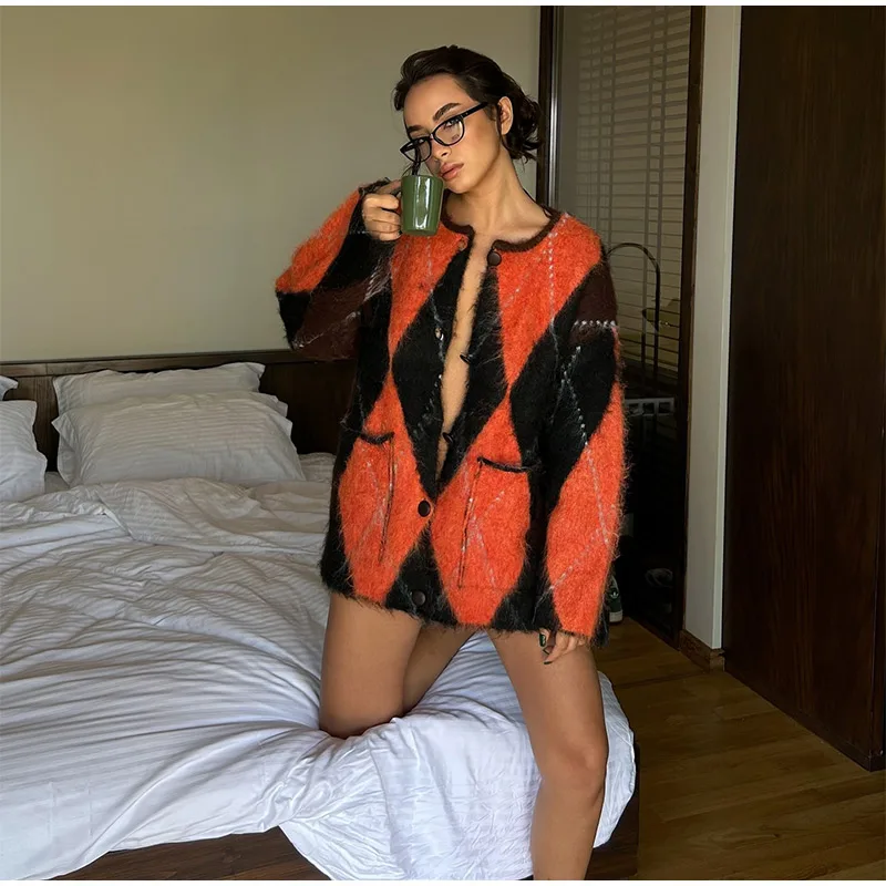 Mohair O-neck Contrast Color Knit Sweater Women Geometry Print Long Sleeve Loose Single-breasted Knitwear Lady All-match Top _