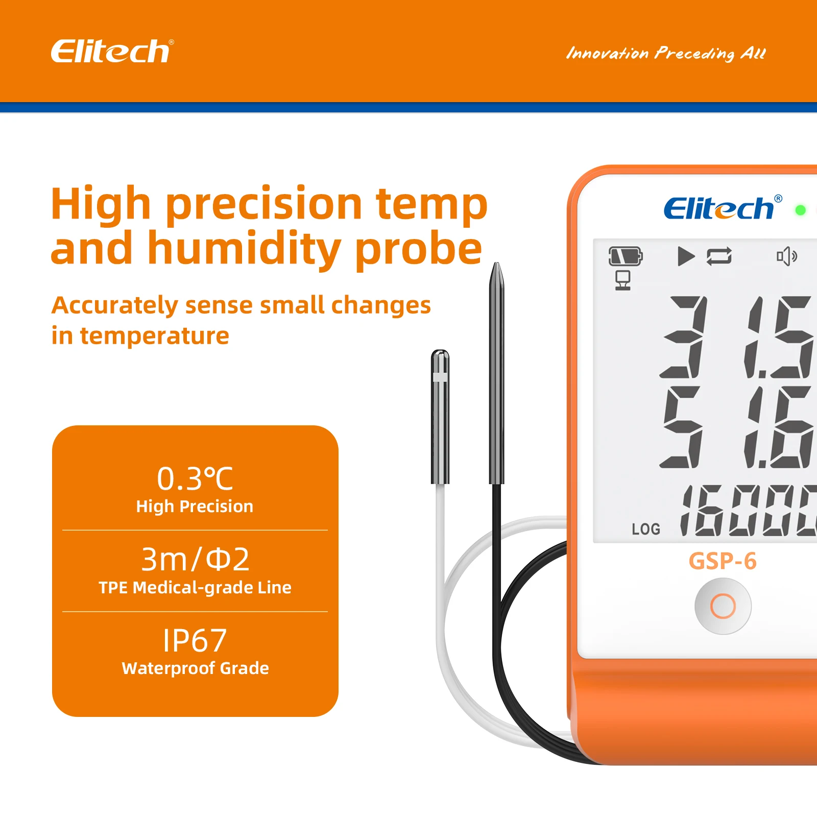 Elitech GSP-6 온도 습도 데이터 기록기, 온도 기록기, 백신용 온도 모니터, 16000 포인트 냉동 콜드 체인