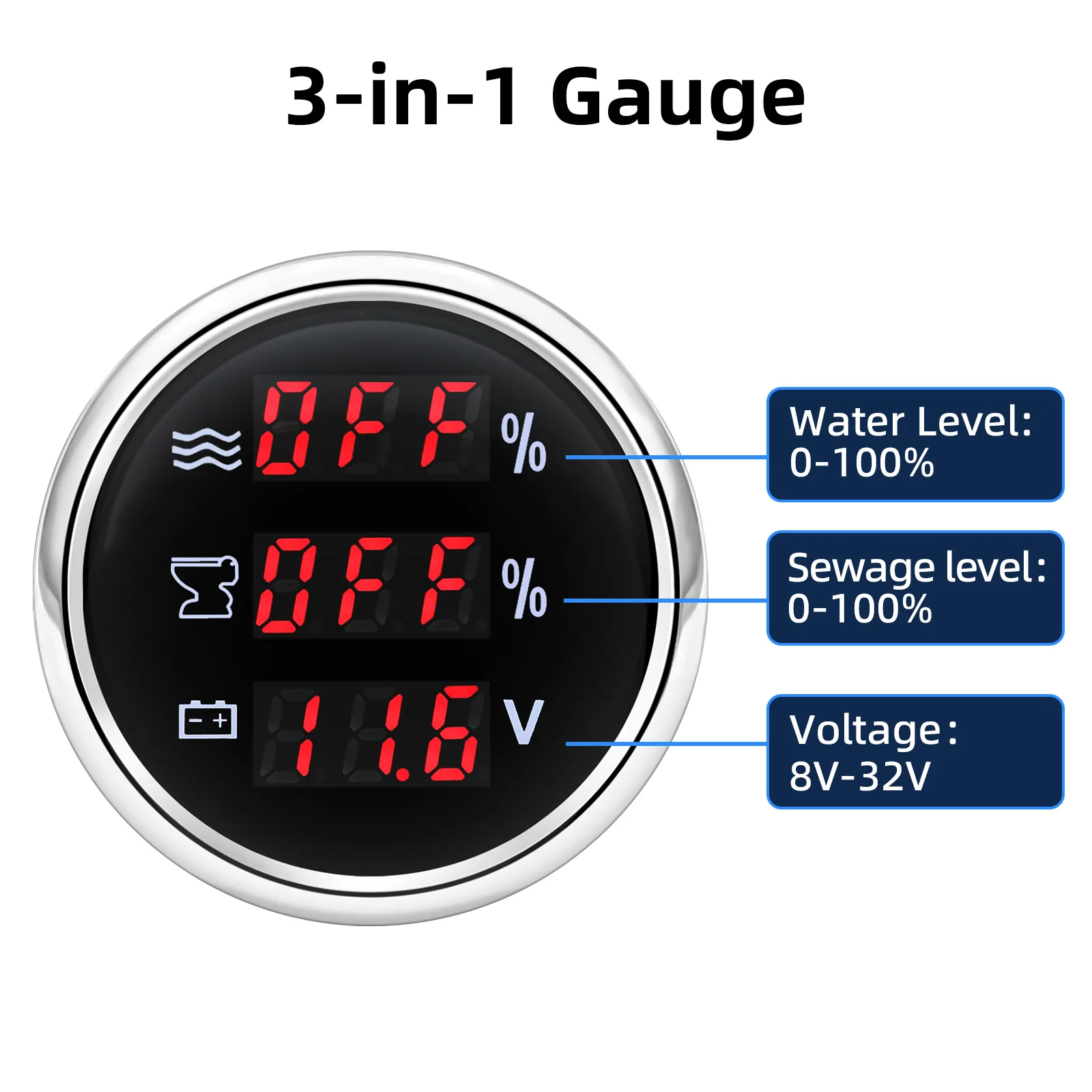 디지털 52mm 수위 게이지/폐위 게이지/전압 3 IN 1 게이지 하수 측정기 센서 수위 센서 12V24V 맞춤형