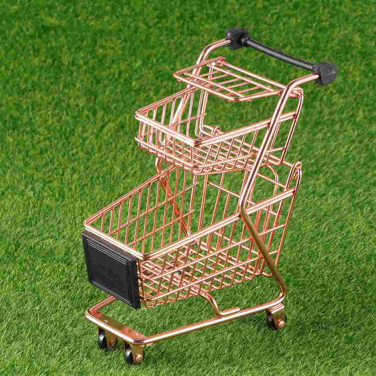 

Mini Two-tier Shopping Cart Children Simulation Play Toy Grocery Cart Trolley Storage Basket Rose Gold Trolley