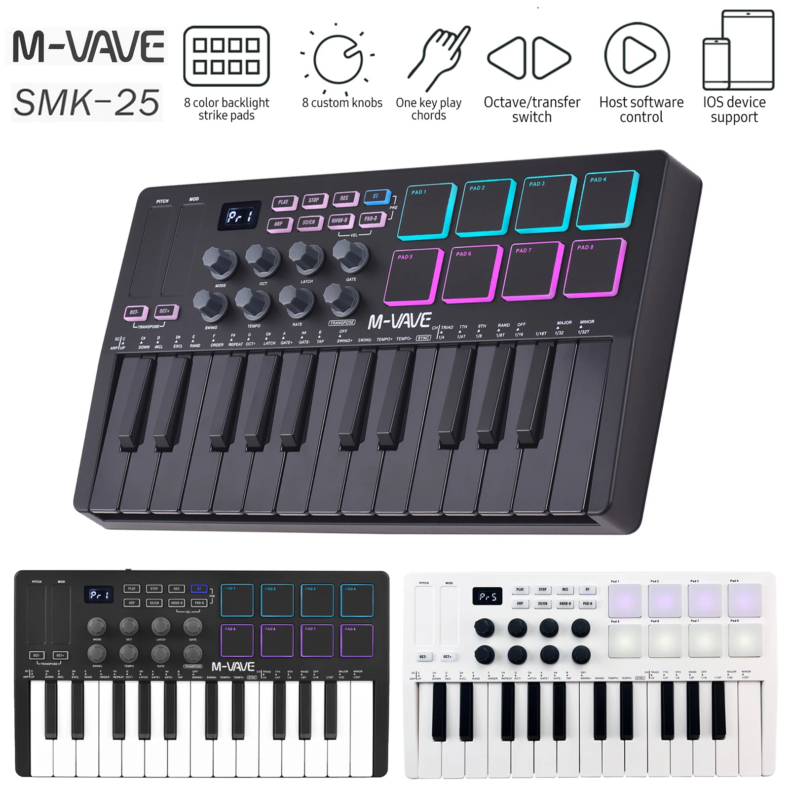 M-VAVE SMK-25 MIDI Keyboard Controller 25-Key 8 RGB Backlit