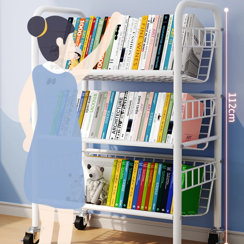 Movable Bookshelf Floor Shelf Picture Book Shelf Simple Children's Bookcase Iron Multi-layer Storage Rack Home Furniture WKBS