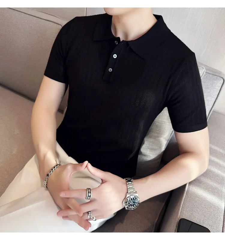 Men Transparent Mesh Knitted Polo Shirt 2022 Summer Short Sleeve V