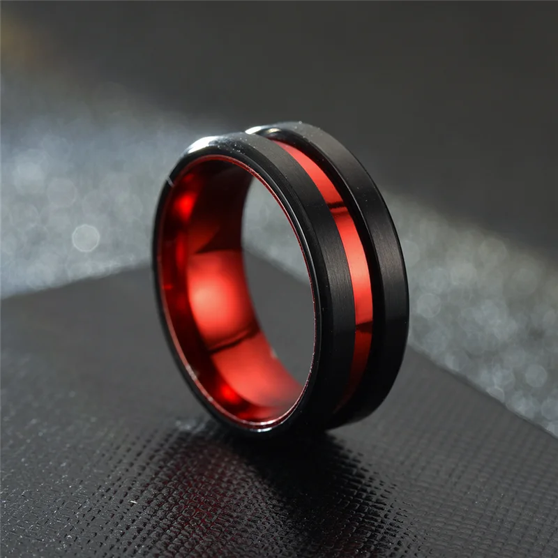 8mm Red Groove Beveled Edge Black Stainless Steel Rings for Men Brushed Tungsten Knuckle Ring Boyfriend Punk Jewelry Unique Gift