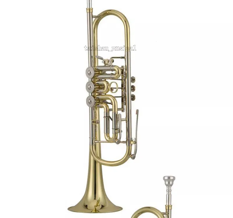 Professional Gold Lacquer Rotary Trumpet Horn Bb 129mm Bell Hard Case