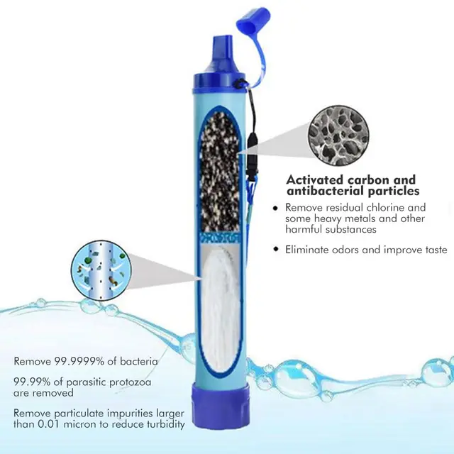 396 แกลลอนกลางแจ้งเครื่องกรองน้ําส่วนบุคคล 0.01Mi 4 ขั้นตอนระบบกรองเครื่องกรองน้ําแบบพกพา Survival Straws สําหรับเดินทาง 1