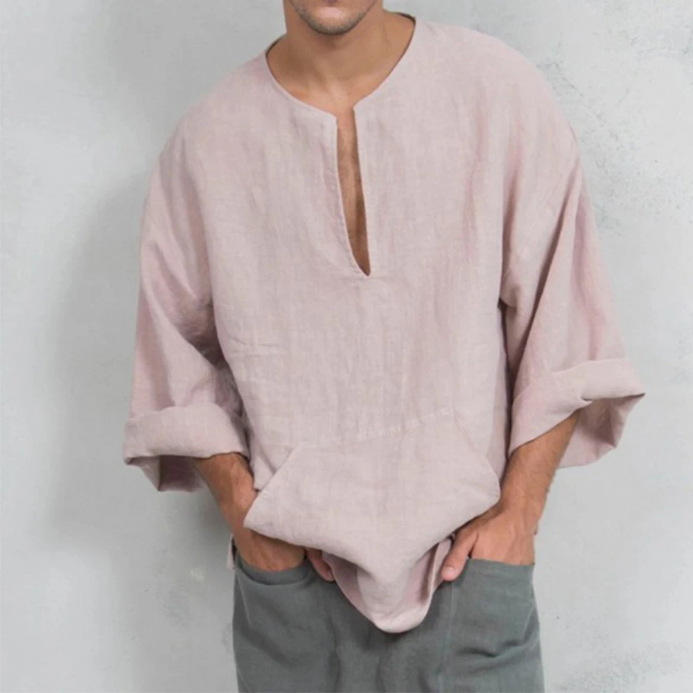 

2023 New Men's Spring Loose Linen T-Shirts Male Solid Color Oversized Cotton Linen V-Neck Tops Men Casual White T Shirt