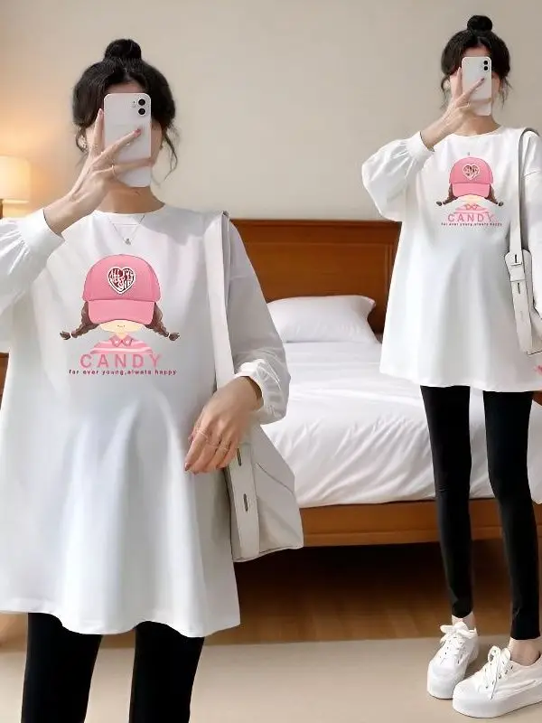 루즈핏 긴팔 임산부용 흰색 티셔츠 세트 여성용 중간 길이 베이스 레이어 이너웨어 트렌디 INS 스타일 봄 가을