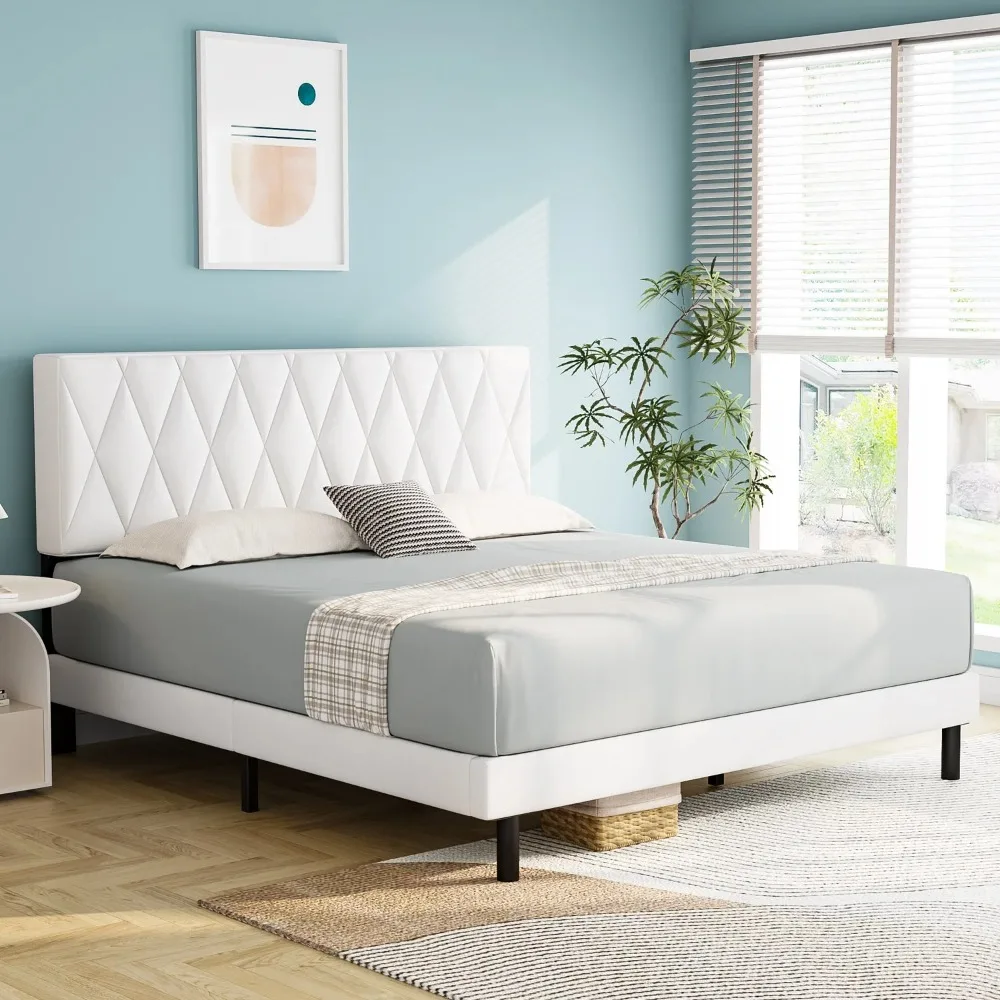 

Frame Upholstered Platform with Headboard and Wooden Slats Support, White
