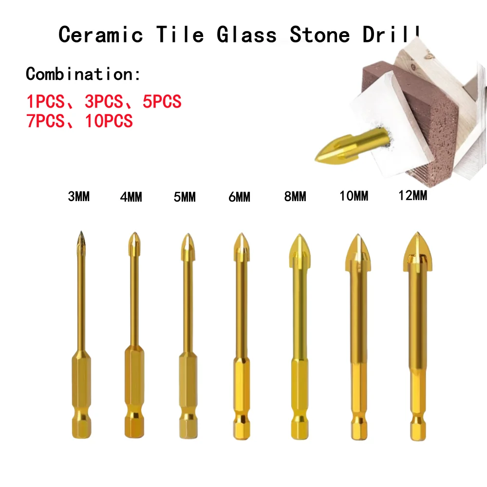 3-12mm Drill Bit Titanium Ceramic Tile Marble Glass Spear Head Hex Shank Workshop Equipment Power Tools Parts Drill Bits