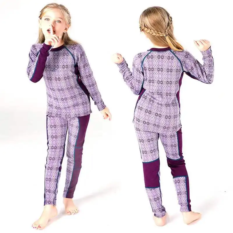 100% Merino Wool Base Layer Kids Clothes Thermal Jacquard Underwear Set Thickness Midweight 220G Baby Girl Winter Long Johns