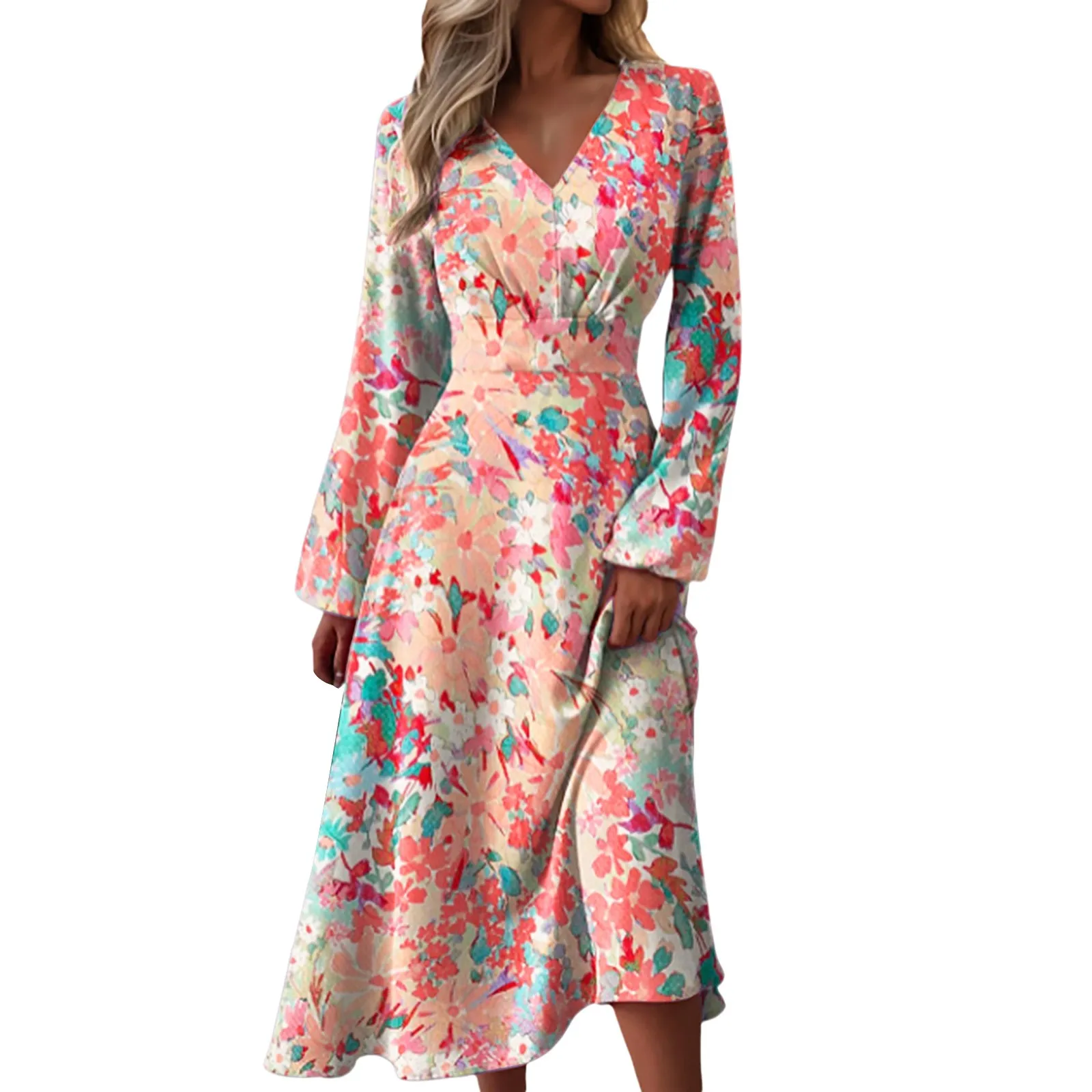 

Rose Color Dress for Small Women Women Casual Print Dress Long Sleeve V Neck Zipper Dress Slim Skater Dress for Women Summer