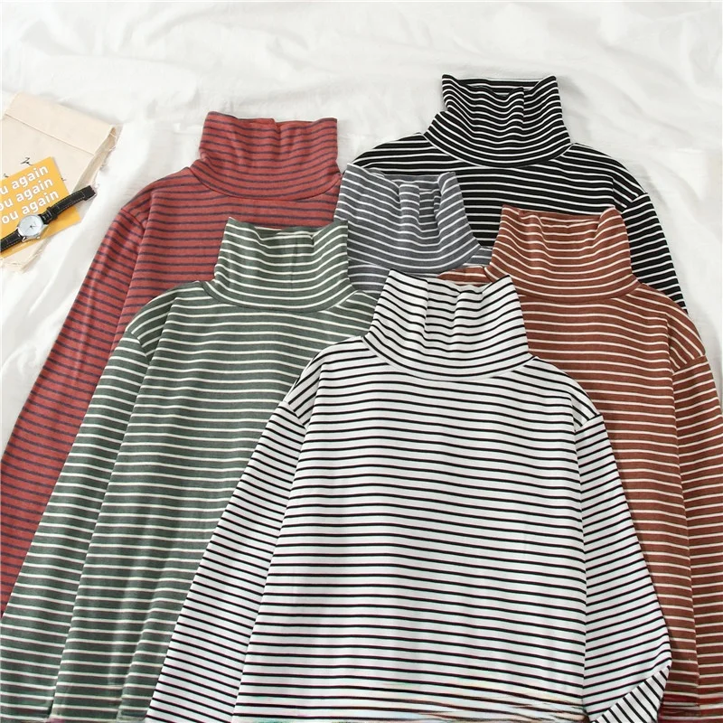 Long Sve Women's T-irt High Collar Striped Base Layer irt Inner Wear Spring Autumn Versatile Slim Fit Commute Sle