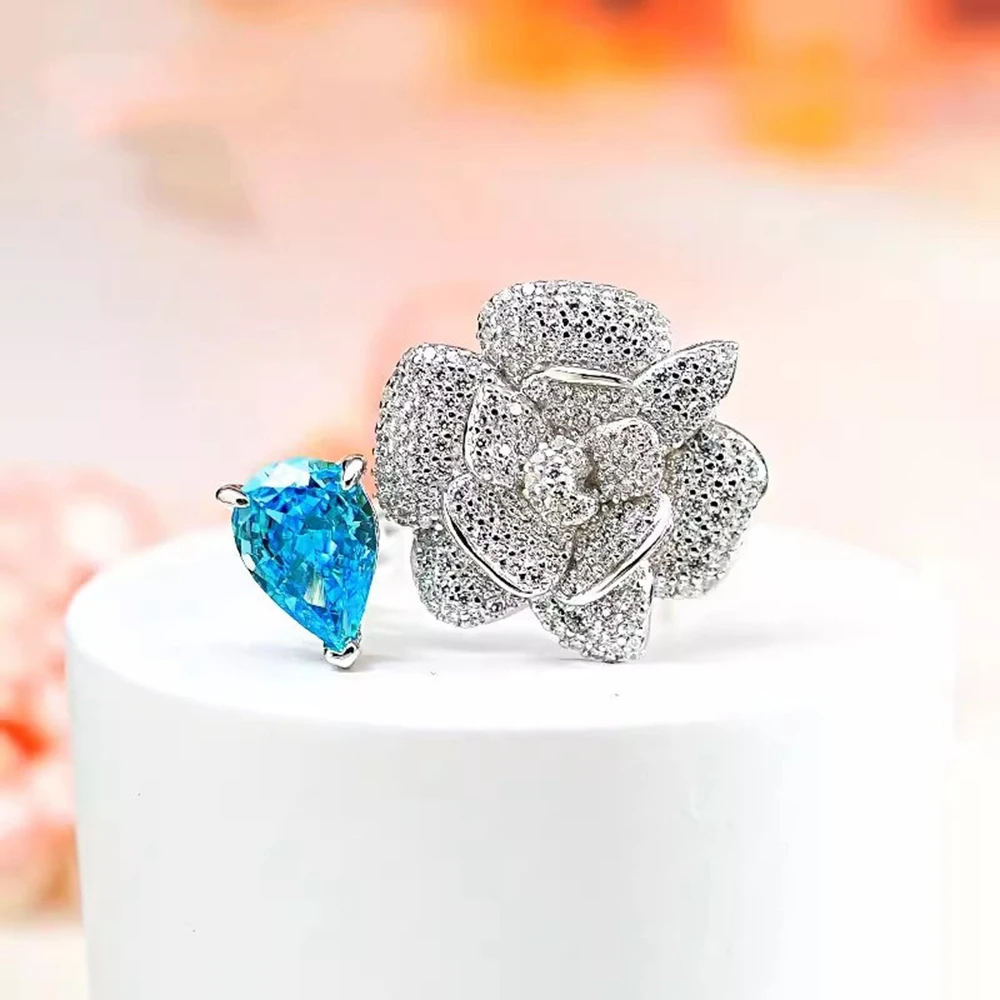 Vinregem 7*10 MM 3CT Pear Cut Lab Created Aquamarine High Carbon Diamond Gemstone Flwoer Open Ring 925 Sterling Silver Jewelry