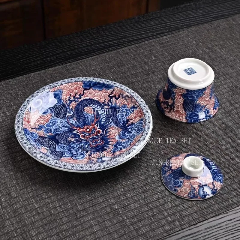 160ml Jingdezhen Ceramic Blue and White Dragon Pattern Bowl Cover Chinese Household Three Piece Tea Bowl Set Hoverable Lid Bowl