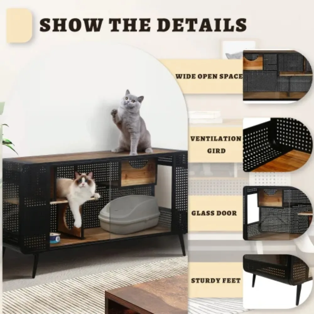 Spacious Cat Cage Houses With Tempered Glass Indoor Cat Furniture internal shelf For Living Rooms, Hallways, Dens