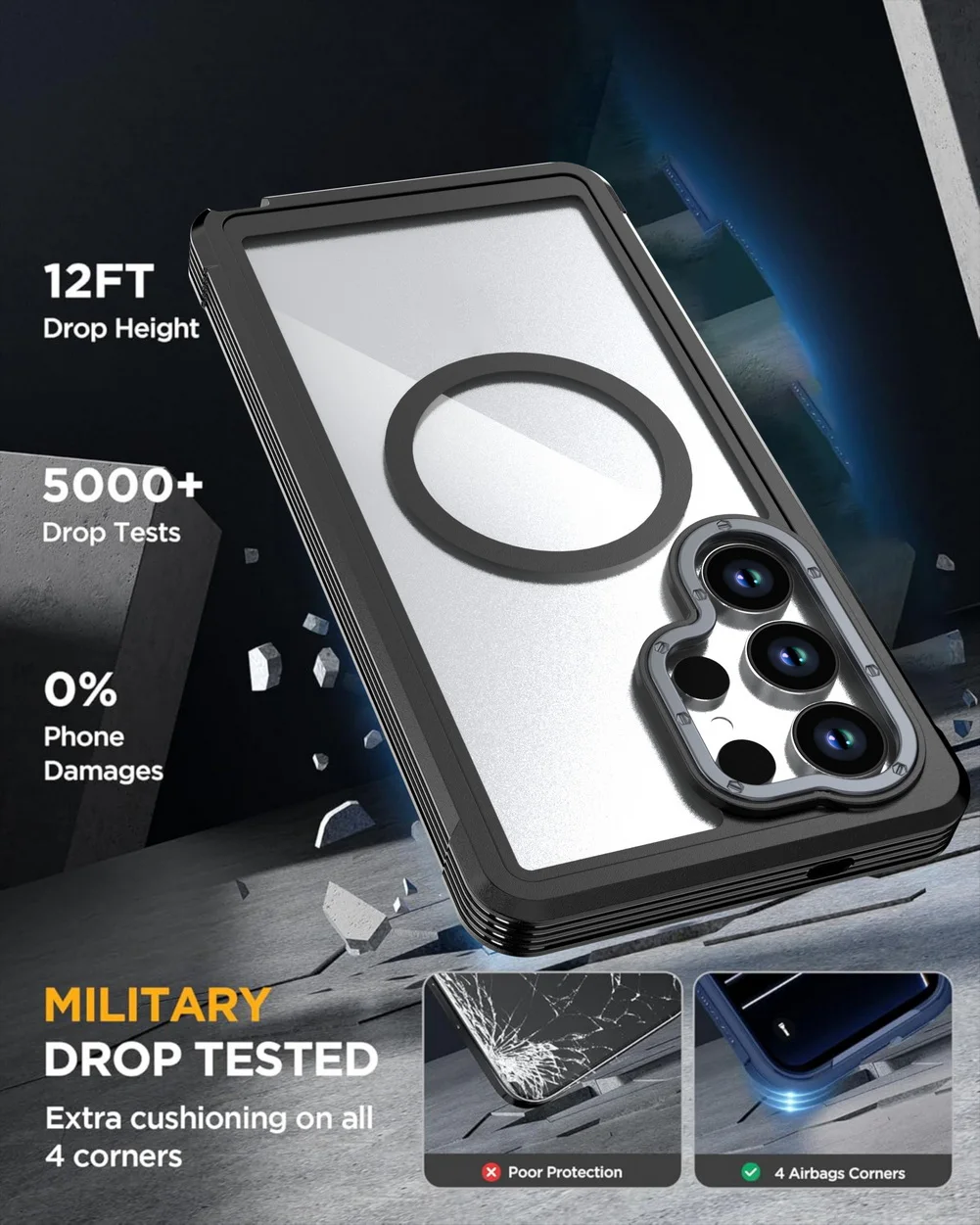 Military Grade Magnetic Case with Built-in Kickstand & Belt Clip Cover (3 in 1)