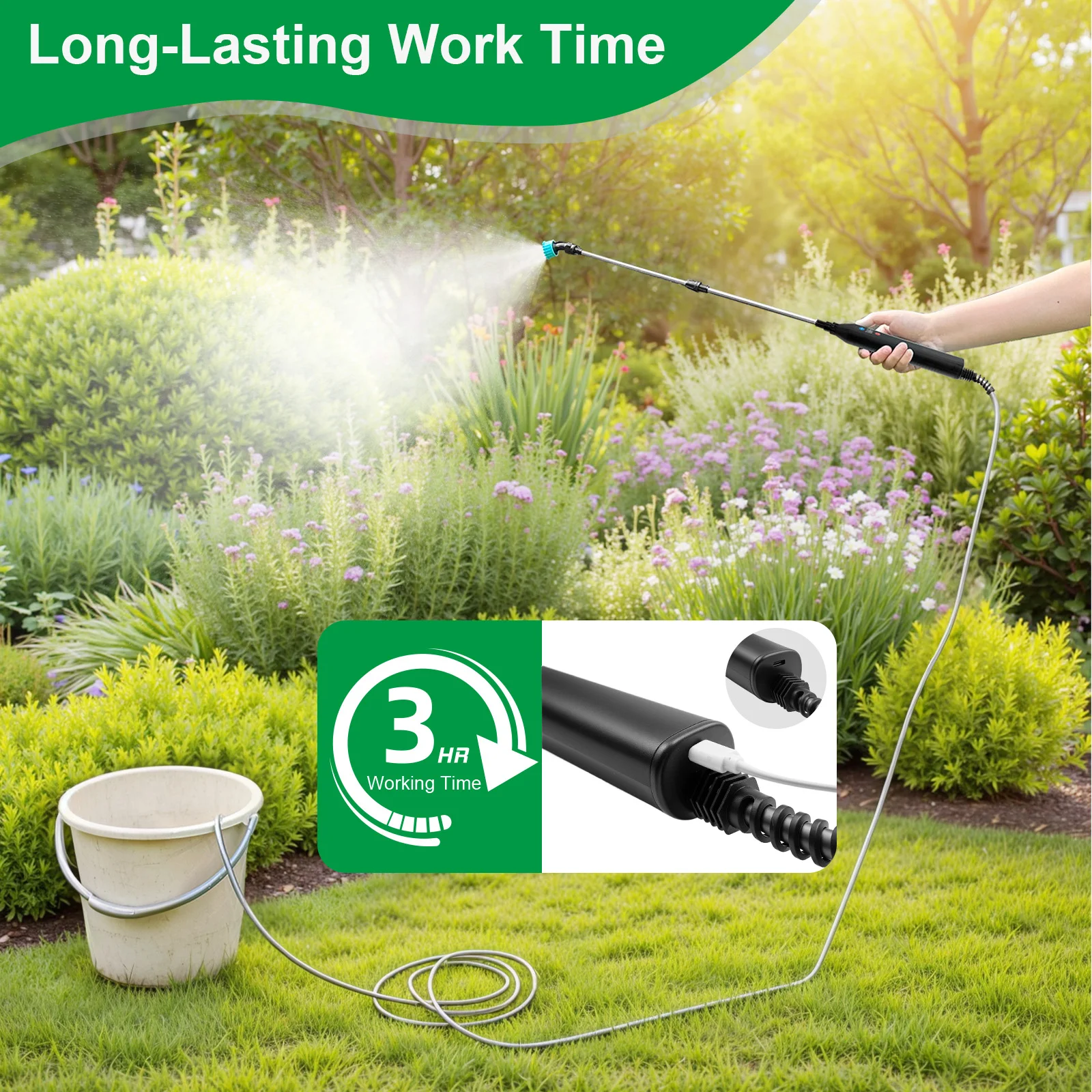 VAXMAY Battery Sprayer Wand 5M Electric Sprayer Telescopic Wand with Battery Indicator 16.4FT Hose Rechargeable Spray Wand 6