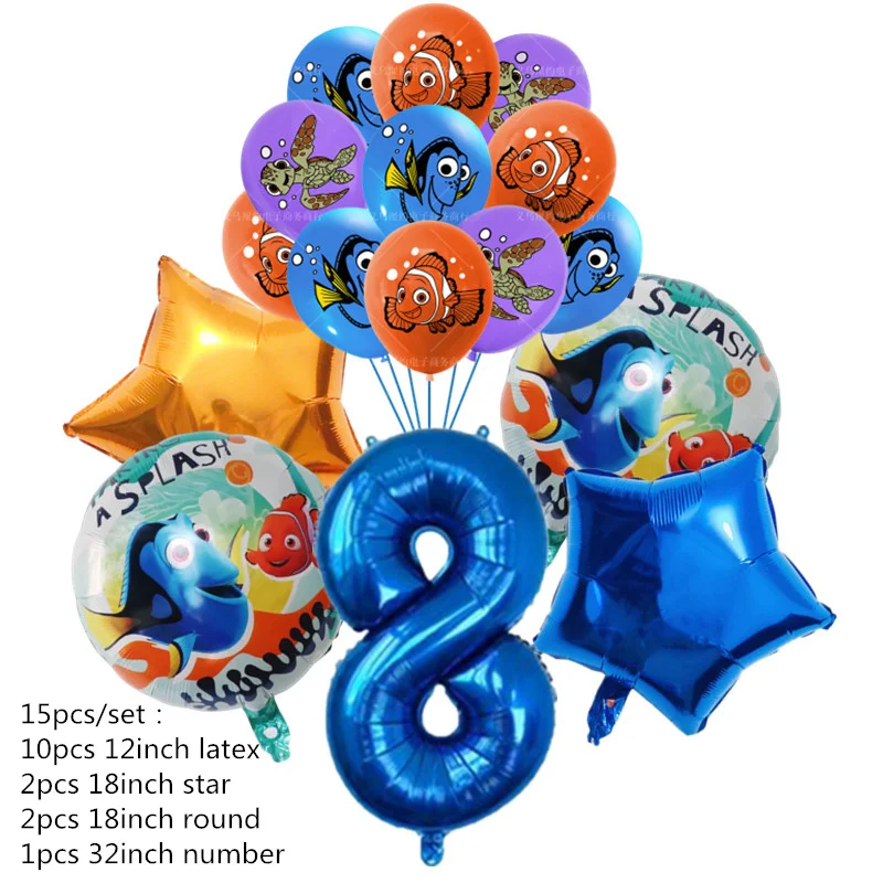 thumbnail image 1 of 15 piezas de globos de aluminio de Buscando a Nemo, globos con números para cumpleaños de niños, suministros de decoración para fiestas, dibujos animados de pez Dory, juguete para baby shower, decorac, 1 of 5
