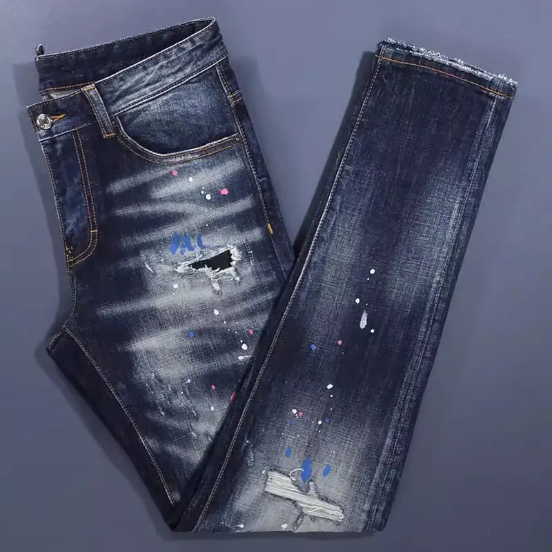 High Street Fashion Men Jeans Retro Blue Stretch Slim Fit Painted Ripped Jeans Men Patched Designer Hip Hop Brand Pants Hombre