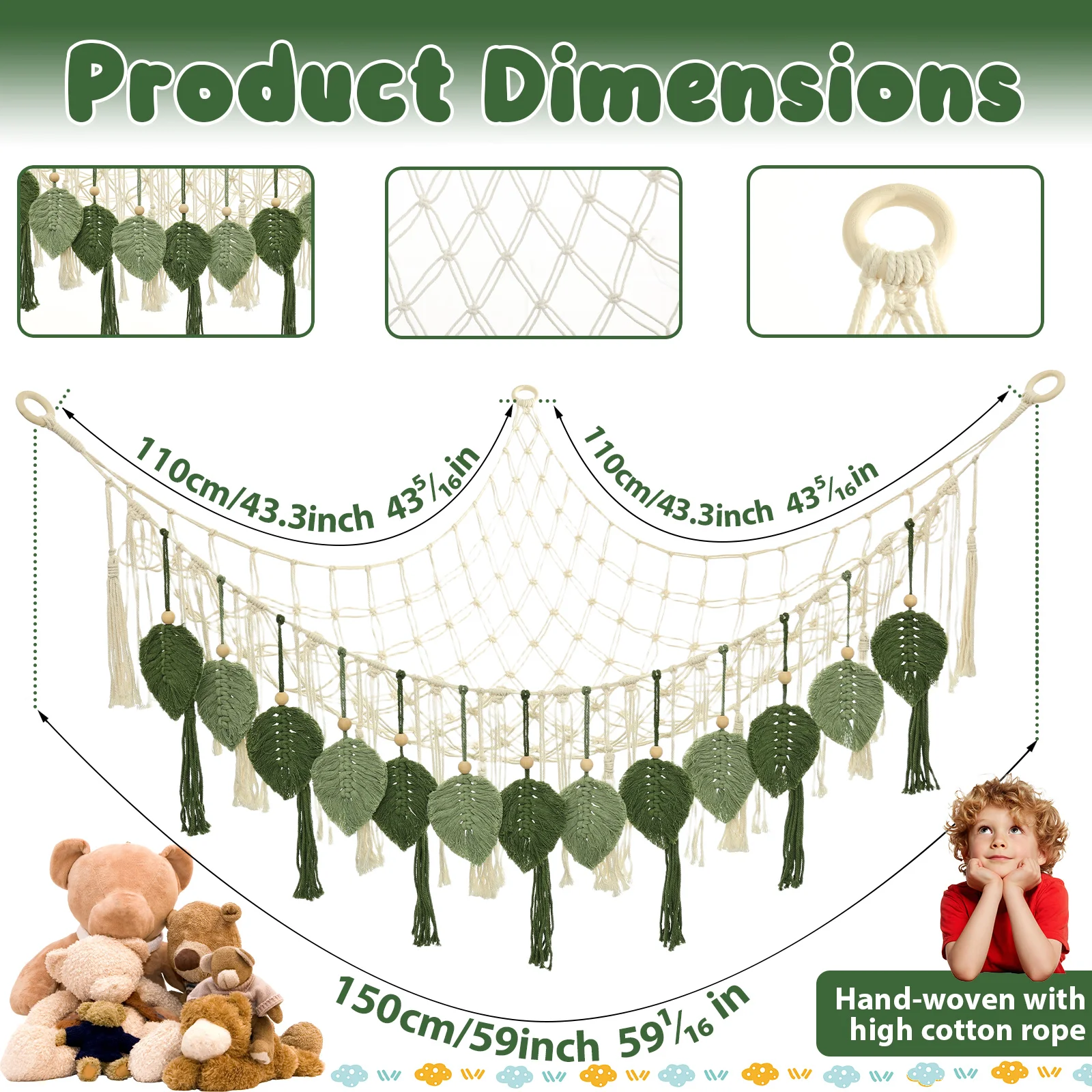 おもちゃハンモック 大容量ぬいぐるみハンモックネット 手編みリーフタッセル付き ホームデコレーション コーナーおもちゃ収納オーガナイザー