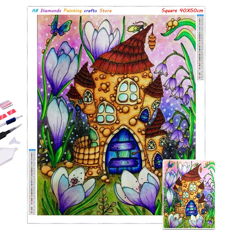 5D Diy Mushroom House Diamont Embroidery AB Drill Diamond Painting Flowers Cross Stitch Square/Round Cartoon Mosaic Home Decor 