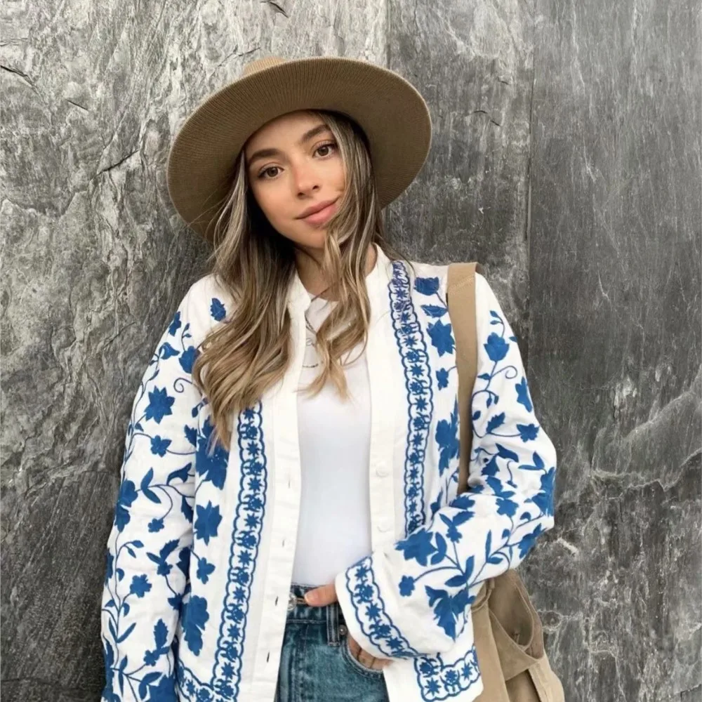 

VOLALO Women Cardigan Shirts New Embroidered Tops Streetwear Vintage Shirts 100% Cotton Loose Mujer Sun Protection Shirts