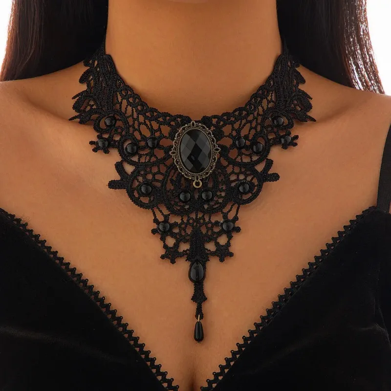 Gothic Hollow Out Black Lace Choker Necklace Women Vintage Punk Red Blood Drop Pendant Chains Party Jewelry Gift