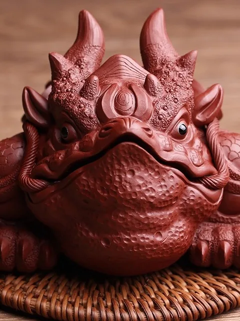 이싱 자주색 점토 차 장식품 수제 삼족 황금두꺼비 재물운 회전식 차놀이 차 테이블 차 세트