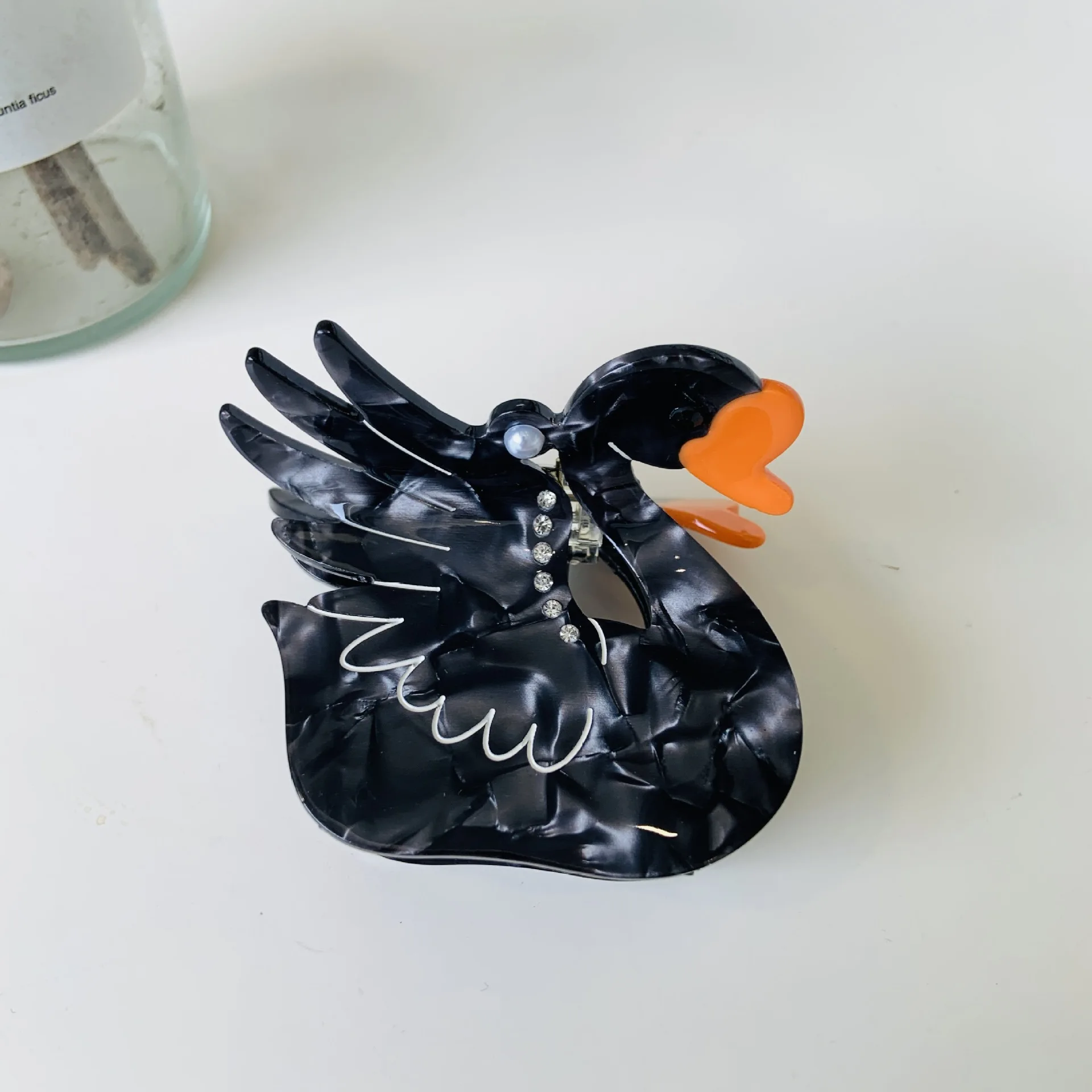 Damen-Clip, Vogel-Acetat-Clip, schwarzer Schwan-Clip, Leopardenmuster, Vogel, Tier, Papagei, Haar-Accessoires, einfache, lustige Hai-Clip-Mode_voghion.com