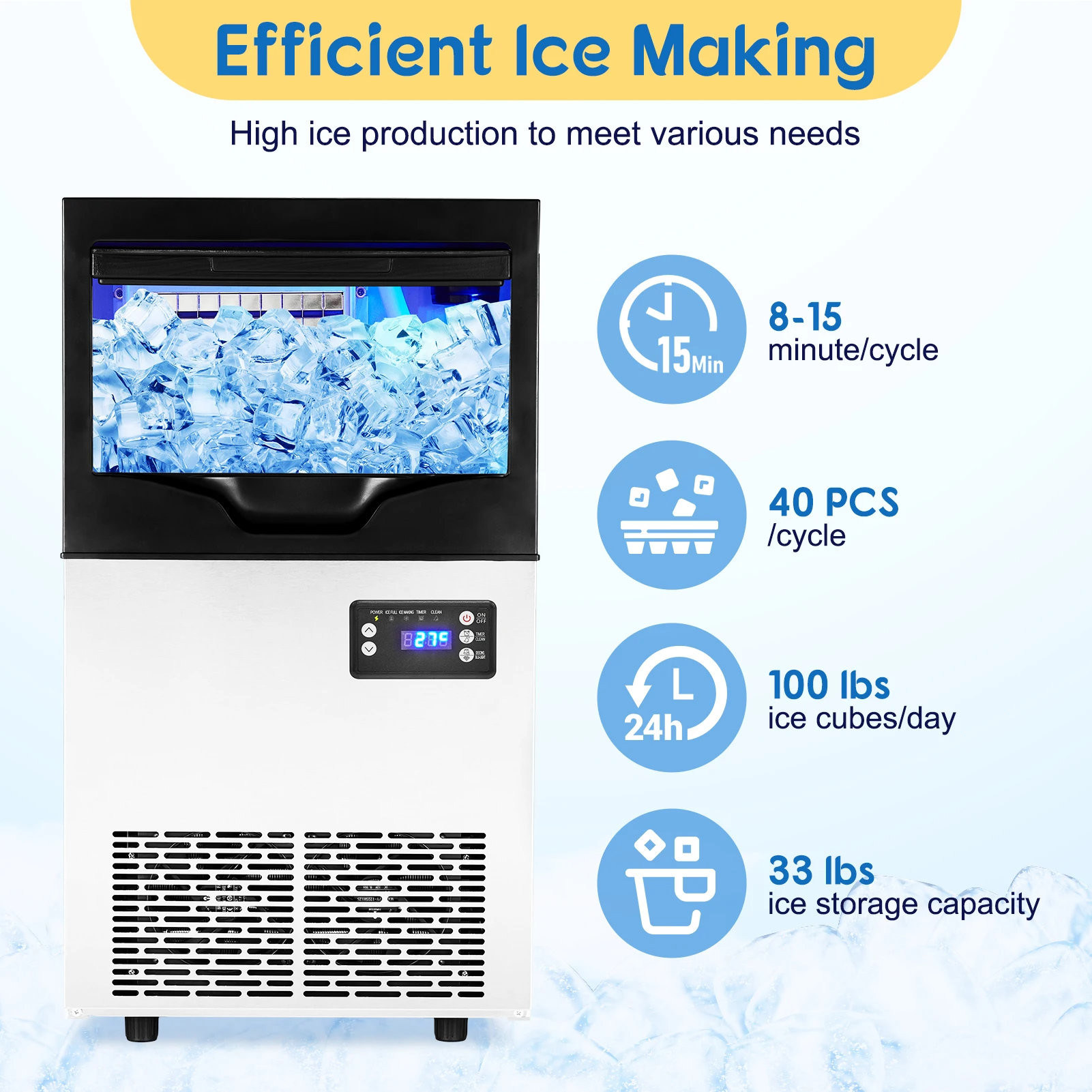 Commercial Ice Maker Machine,Freestanding/Under Counter Stainless Steel Ice Machine,90Lbs/24 Hour with 30Lbs Storage Capacit