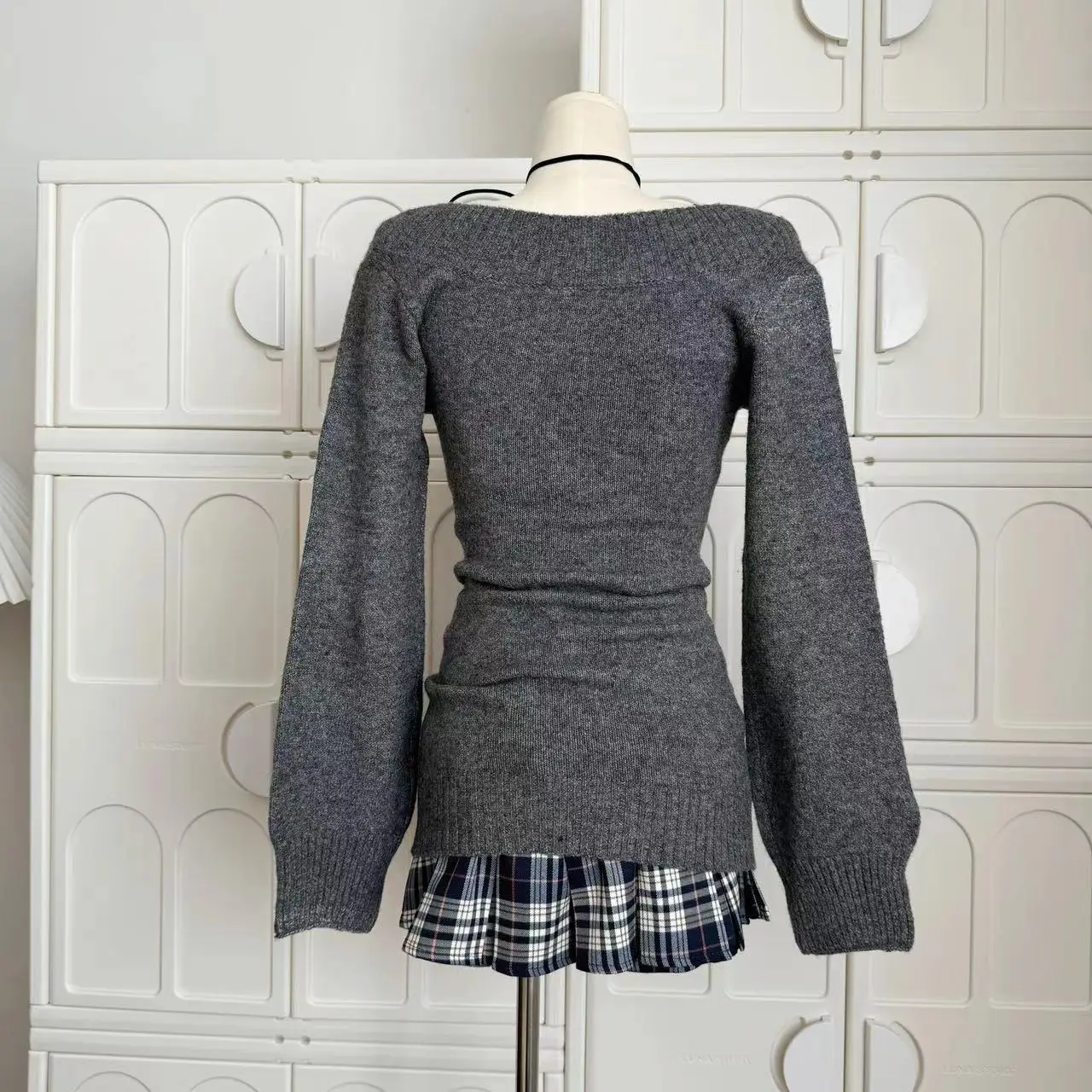 Autumn Winter Woman Gyaru V-neck French Vintage Sweater Long Sleeve Pullover Knitwear Mini Skirt 2000s Aesthetic 3-piece Outfits