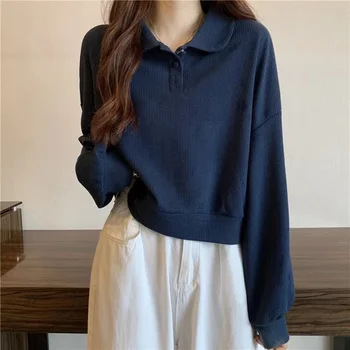 Felpa corta con collo alto per l'autunno da donna Nuovo piccolo top ampio e versatile a maniche lunghe
