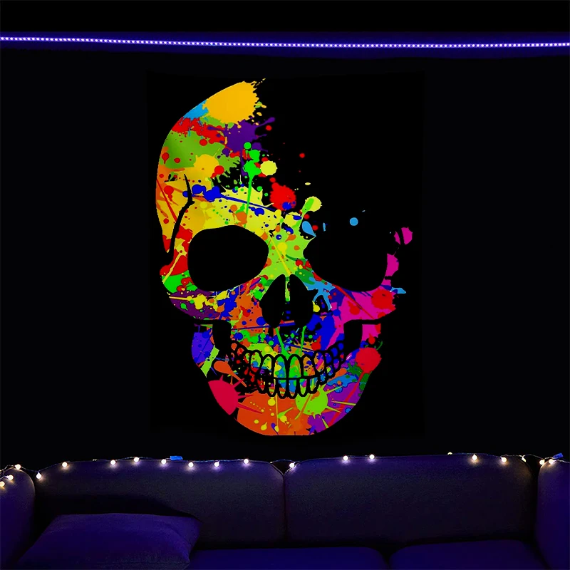 

Horror Colorful Skull Printed UV Fluorescent Tapestry For Wall Hanging Cloth Living Room Bedroom Independent Room Decoration