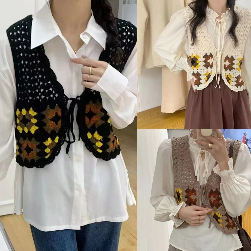 

Hollow Knit Crop Cardigan Women Autumn Ethnic Crochet Plaid Mini Vest Waistcoat N7YF