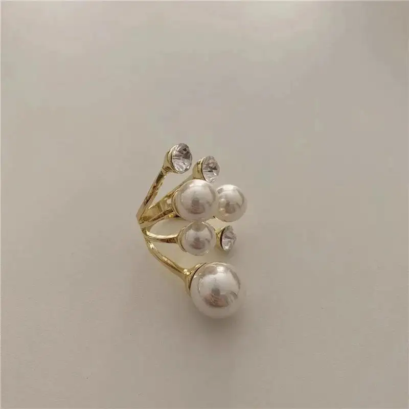 French Simple Multilayer Imitation Pearl Metal Rings For Women Shiny Zircon Crystal Party Wedding Jewelry Accessories Women Gift