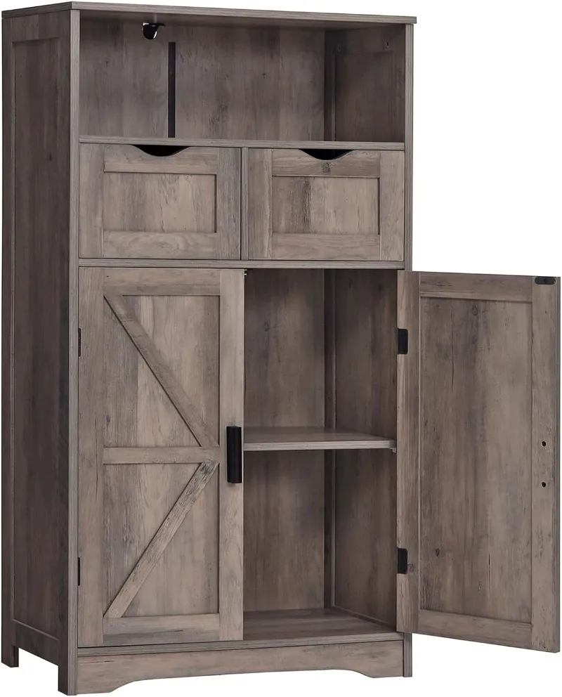 

Floor Storage Cabinet with 2 Adjustable Drawers & 2 Barn Doors, Standing Cupboard with 2 Shelf, for Living Room, Home Office