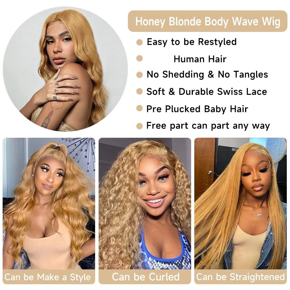 Honey Blonde 13x6 HD Lace Front Human Hair Wig 210% Density Body Wave Human Hair Wigs Colored 27# Pre Plucked Brazilian Hair 6